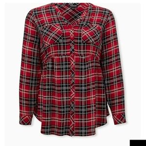 RED PLAID CRINKLED GAUZE BABYDOLL TUNIC